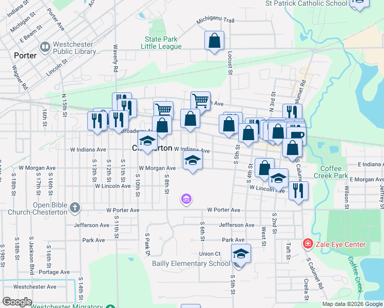 map of restaurants, bars, coffee shops, grocery stores, and more near 215 South 7th Street in Chesterton