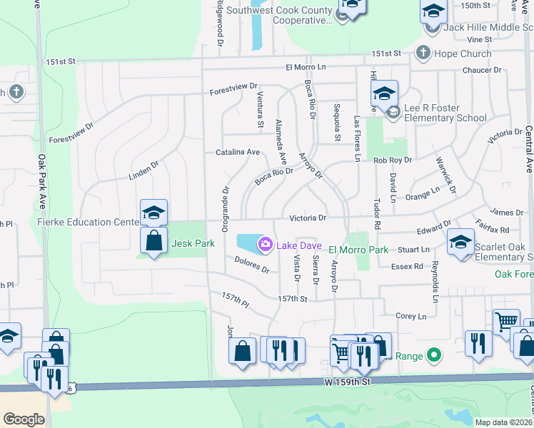 map of restaurants, bars, coffee shops, grocery stores, and more near 6240 Victoria Drive in Oak Forest