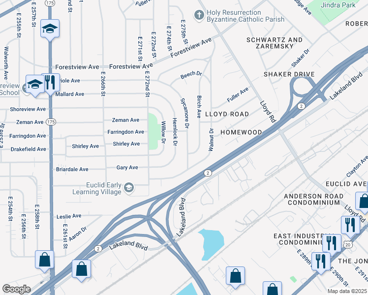 map of restaurants, bars, coffee shops, grocery stores, and more near 690 Sycamore Drive in Euclid
