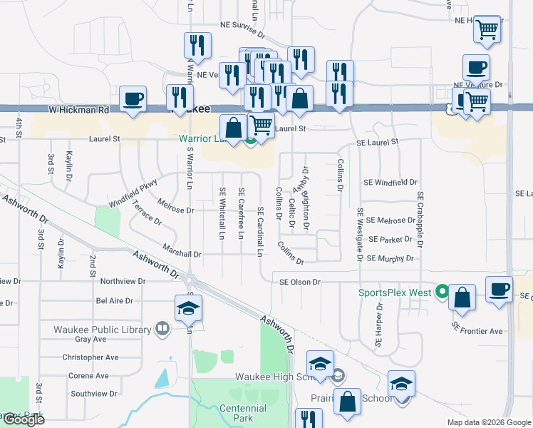 map of restaurants, bars, coffee shops, grocery stores, and more near 838 Collins Drive in Waukee
