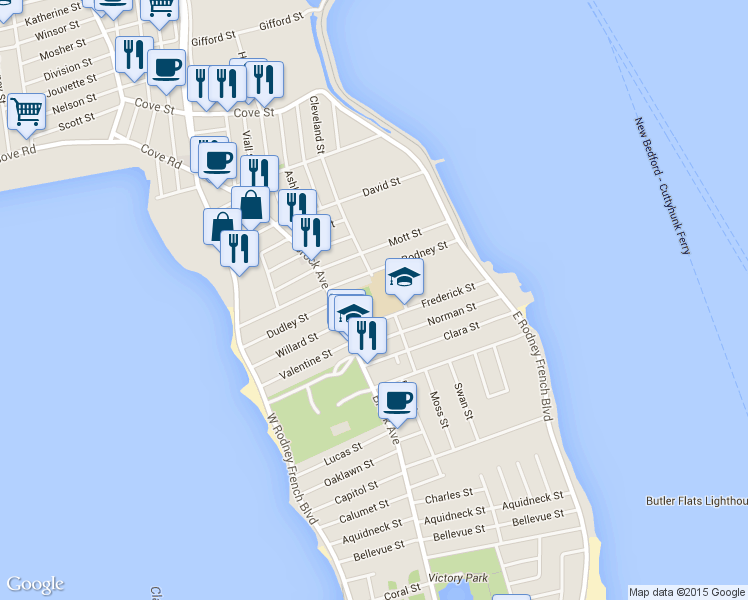 map of restaurants, bars, coffee shops, grocery stores, and more near 119 Frederick Street in New Bedford