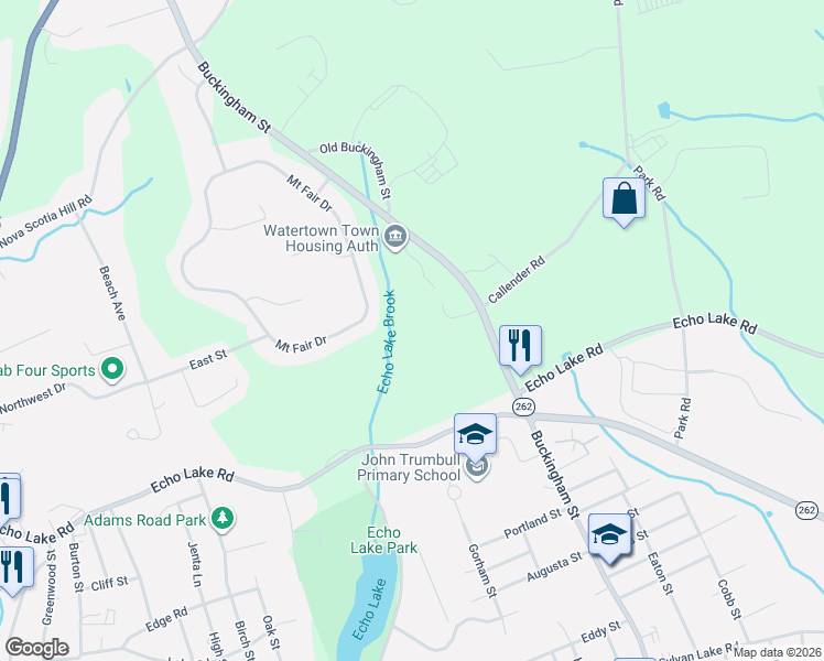 map of restaurants, bars, coffee shops, grocery stores, and more near 166 Ice House Road in Watertown