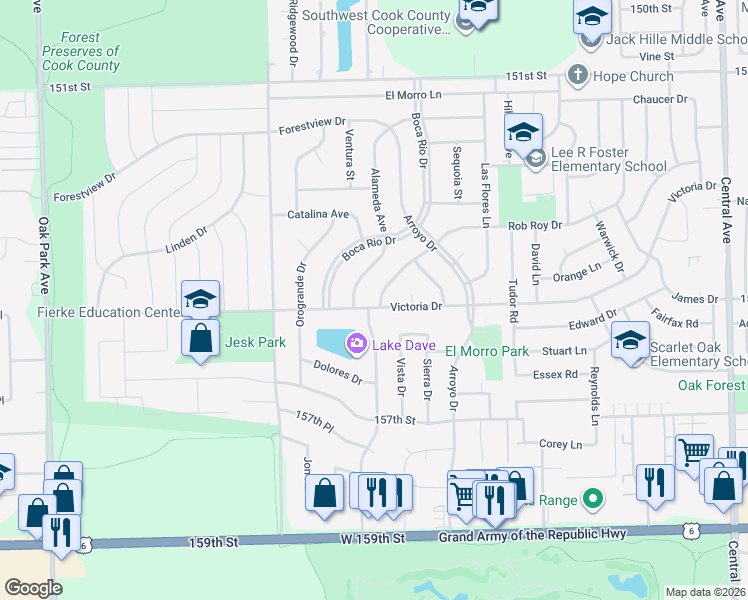 map of restaurants, bars, coffee shops, grocery stores, and more near 6200 Rob Roy Drive in Oak Forest