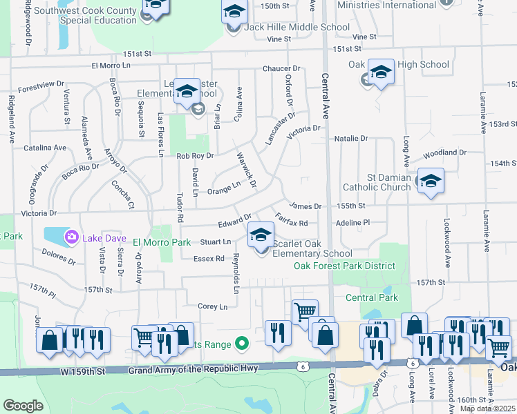 map of restaurants, bars, coffee shops, grocery stores, and more near 5724 Edward Drive in Oak Forest