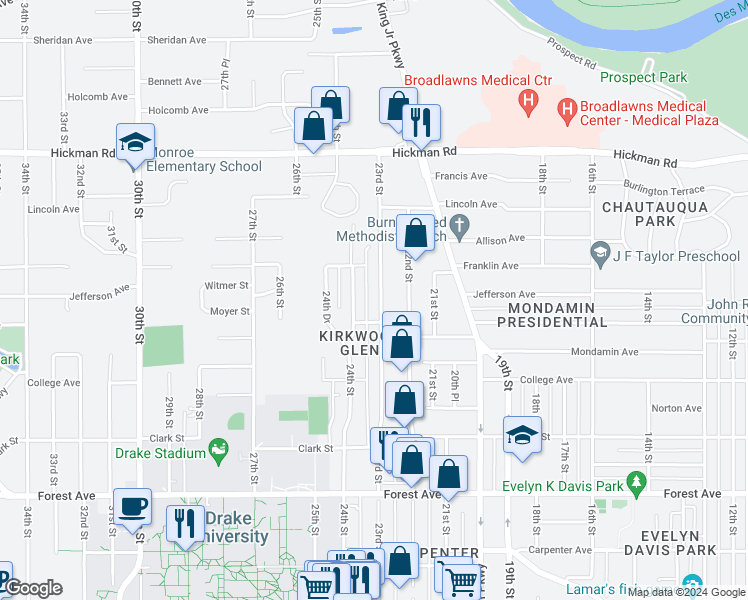 map of restaurants, bars, coffee shops, grocery stores, and more near 1716 23rd Street in Des Moines
