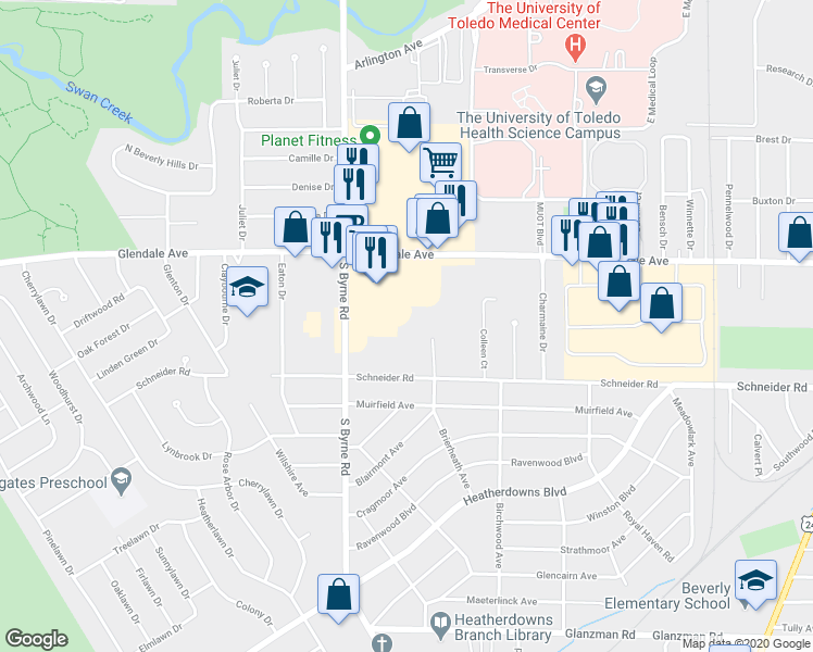 map of restaurants, bars, coffee shops, grocery stores, and more near 1621 South Byrne Road in Toledo