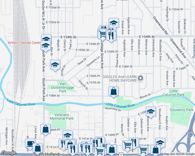 map of restaurants, bars, coffee shops, grocery stores, and more near 754 East 157th Street in South Holland