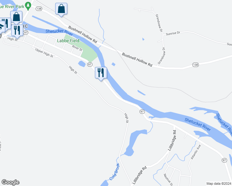 map of restaurants, bars, coffee shops, grocery stores, and more near 296 Main Street in Sprague