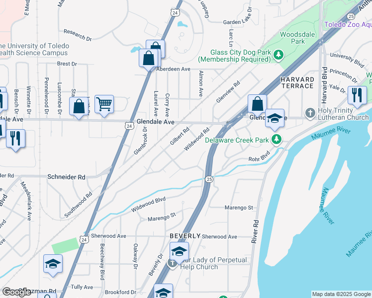 map of restaurants, bars, coffee shops, grocery stores, and more near Wildwood Road in Toledo