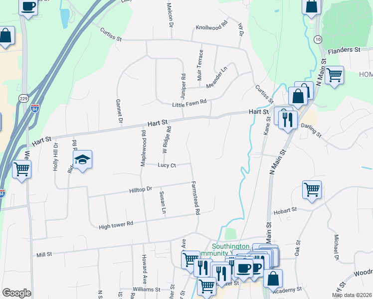 map of restaurants, bars, coffee shops, grocery stores, and more near 189 Farmstead Road in Southington