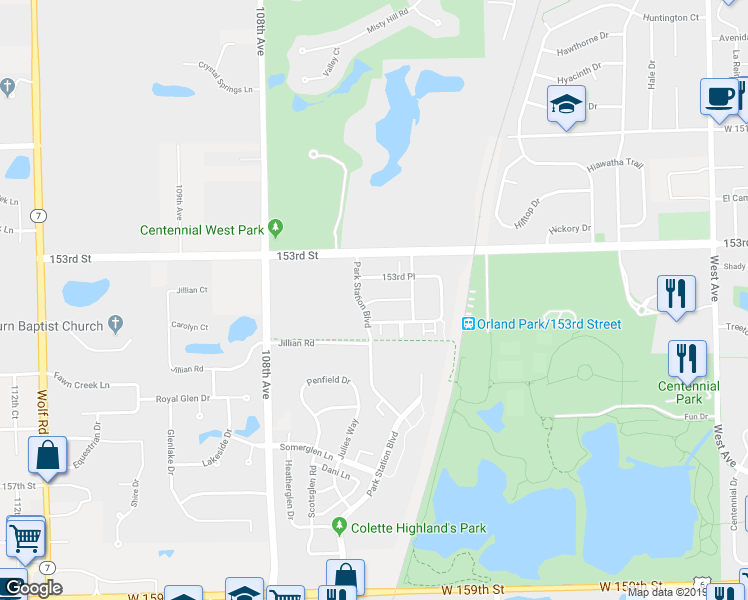 map of restaurants, bars, coffee shops, grocery stores, and more near 10649 West 154th Street in Orland Park