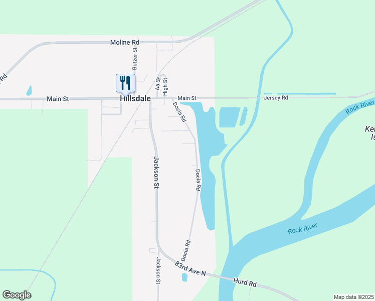 map of restaurants, bars, coffee shops, grocery stores, and more near 404 Docia Road in Hillsdale