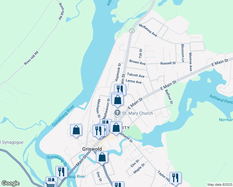 map of restaurants, bars, coffee shops, grocery stores, and more near 96 North Main Street in Griswold