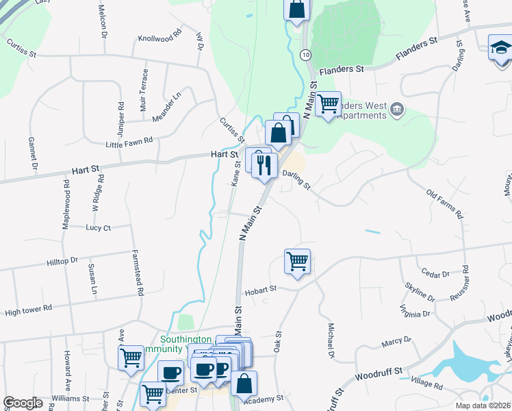 map of restaurants, bars, coffee shops, grocery stores, and more near 338 North Main Street in Southington