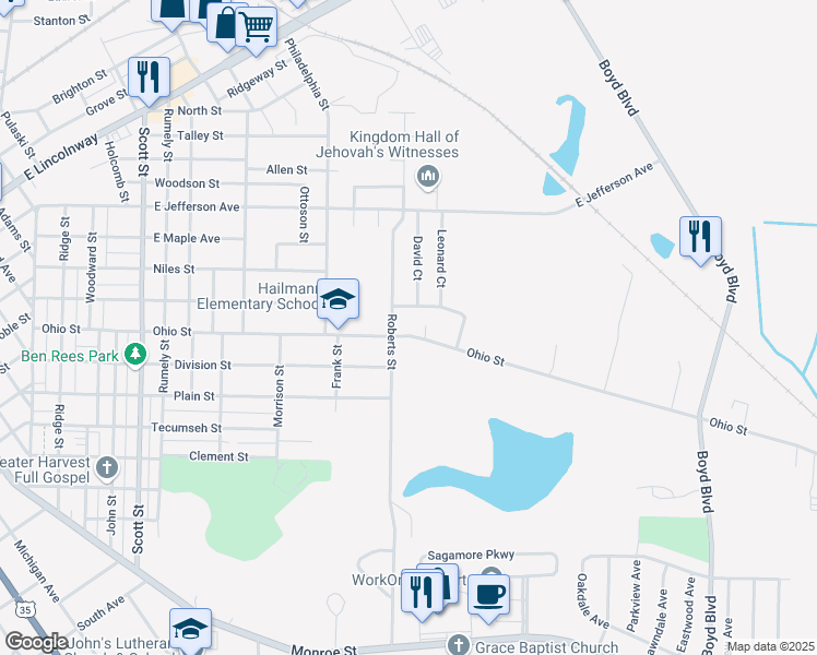 map of restaurants, bars, coffee shops, grocery stores, and more near 1020 Ohio Street in La Porte