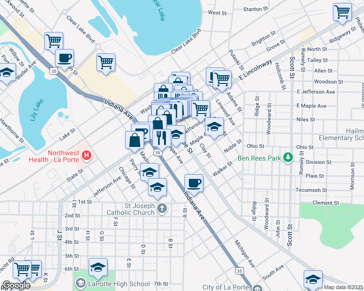 map of restaurants, bars, coffee shops, grocery stores, and more near in La Porte