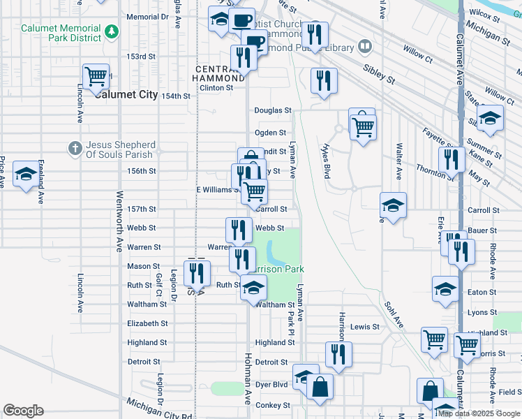 map of restaurants, bars, coffee shops, grocery stores, and more near 236 Carroll St in Hammond