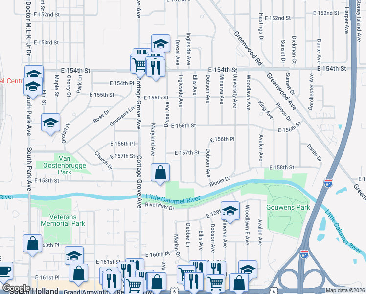 map of restaurants, bars, coffee shops, grocery stores, and more near 15645 Ingleside Avenue in Dolton