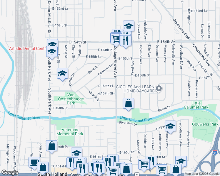 map of restaurants, bars, coffee shops, grocery stores, and more near 754 East 157th Street in South Holland