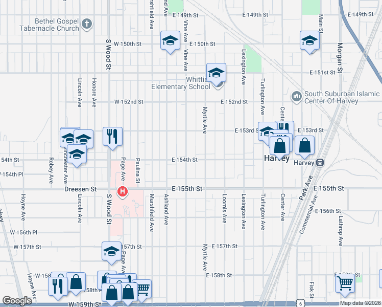 map of restaurants, bars, coffee shops, grocery stores, and more near 39 East 154th Street in Harvey