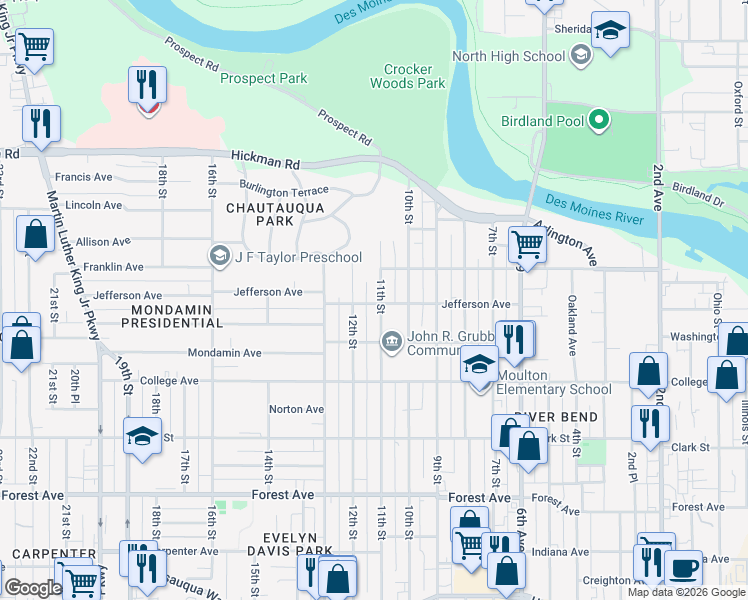 map of restaurants, bars, coffee shops, grocery stores, and more near 1734 11th Street in Des Moines