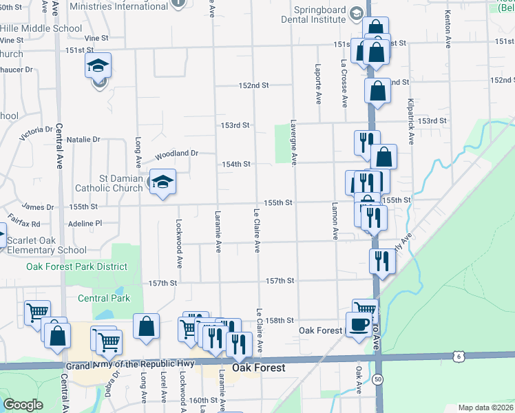 map of restaurants, bars, coffee shops, grocery stores, and more near 15509 Le Claire Avenue in Oak Forest