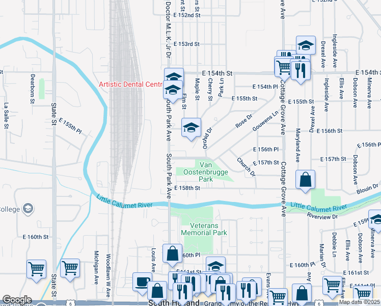 map of restaurants, bars, coffee shops, grocery stores, and more near 446 East 157th Street in South Holland