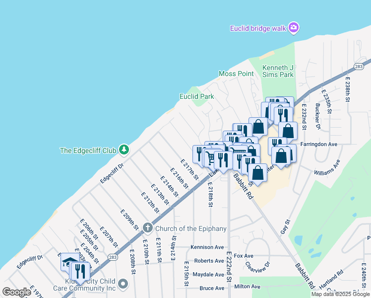 map of restaurants, bars, coffee shops, grocery stores, and more near 101 East 217th Street in Euclid