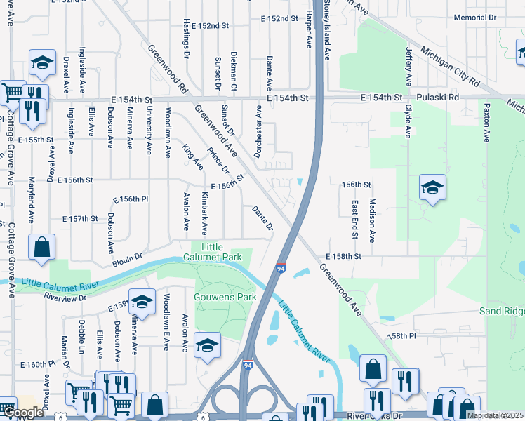 map of restaurants, bars, coffee shops, grocery stores, and more near 15663 Dante Drive in South Holland