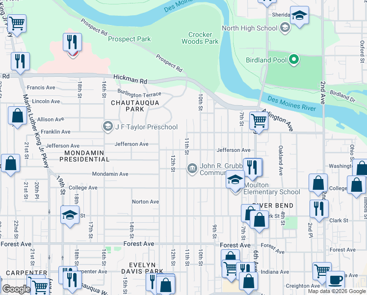 map of restaurants, bars, coffee shops, grocery stores, and more near 1734 11th Street in Des Moines