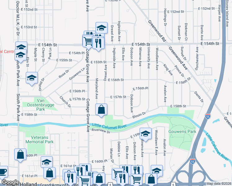 map of restaurants, bars, coffee shops, grocery stores, and more near 15645 Ingleside Avenue in Dolton