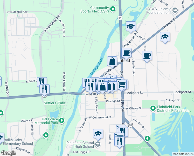 map of restaurants, bars, coffee shops, grocery stores, and more near 24140 West Main Street in Plainfield