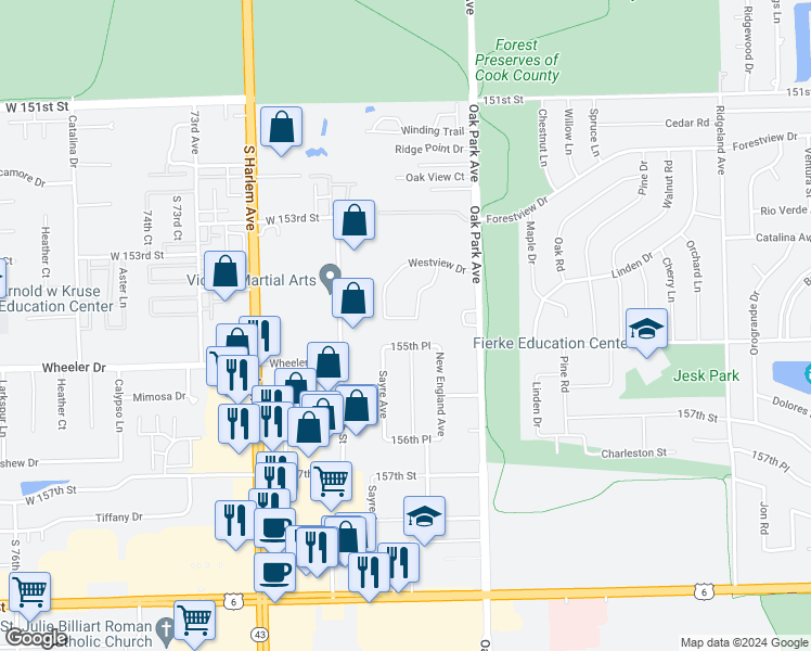 map of restaurants, bars, coffee shops, grocery stores, and more near 6931 154th Place in Oak Forest