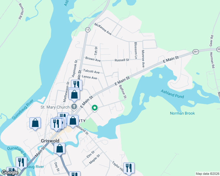 map of restaurants, bars, coffee shops, grocery stores, and more near 10 Cathcart Drive in Griswold