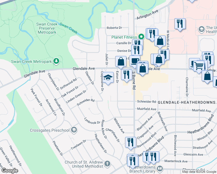 map of restaurants, bars, coffee shops, grocery stores, and more near 3635 Glendale Avenue in Toledo