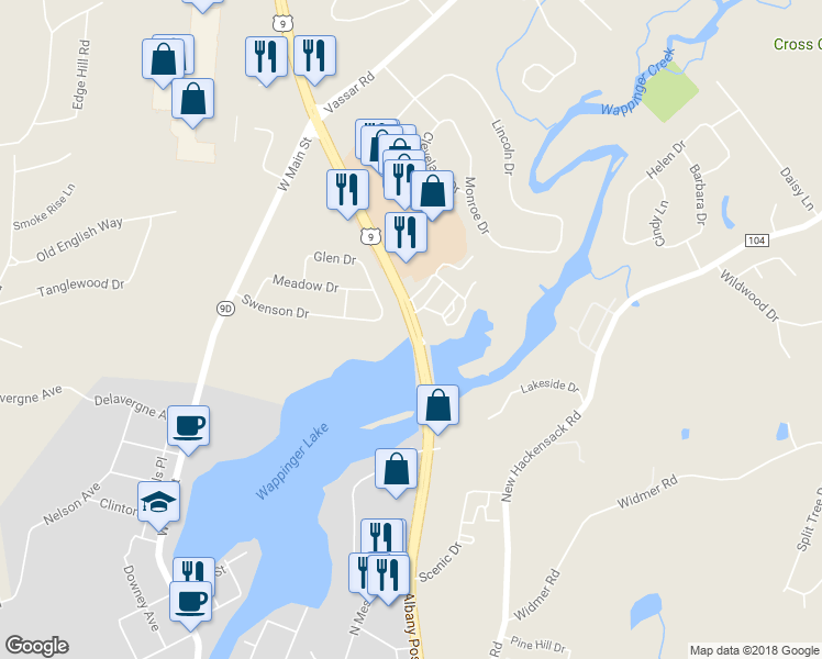 map of restaurants, bars, coffee shops, grocery stores, and more near 1443 Route 9 in Wappingers Falls