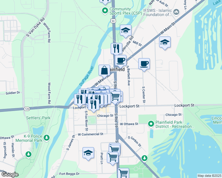 map of restaurants, bars, coffee shops, grocery stores, and more near 24015 West Oak Street in Plainfield