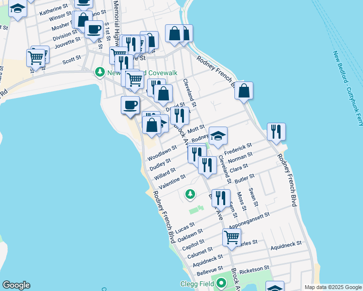 map of restaurants, bars, coffee shops, grocery stores, and more near 19 Dudley Street in New Bedford