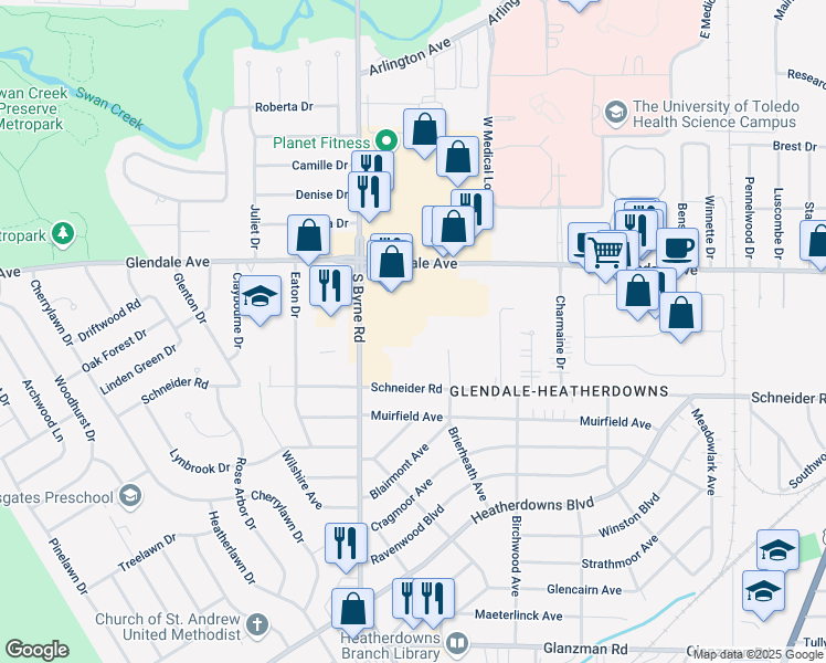 map of restaurants, bars, coffee shops, grocery stores, and more near 1621 South Byrne Road in Toledo
