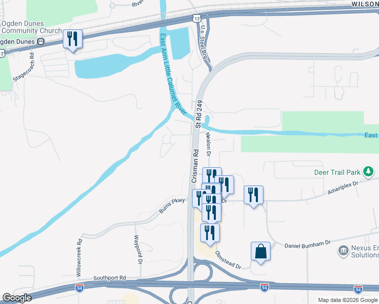 map of restaurants, bars, coffee shops, grocery stores, and more near 1528 Crisman Road in Portage