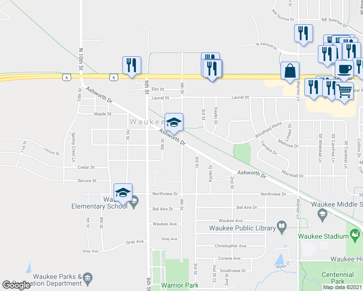 map of restaurants, bars, coffee shops, grocery stores, and more near 598 4th Street in Waukee