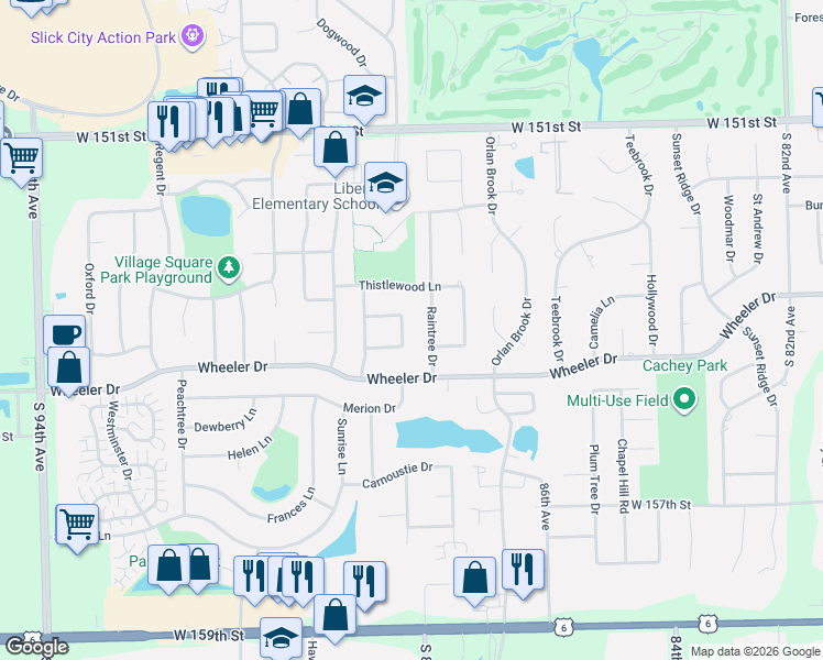 map of restaurants, bars, coffee shops, grocery stores, and more near 15425 Pembridge Road in Orland Park