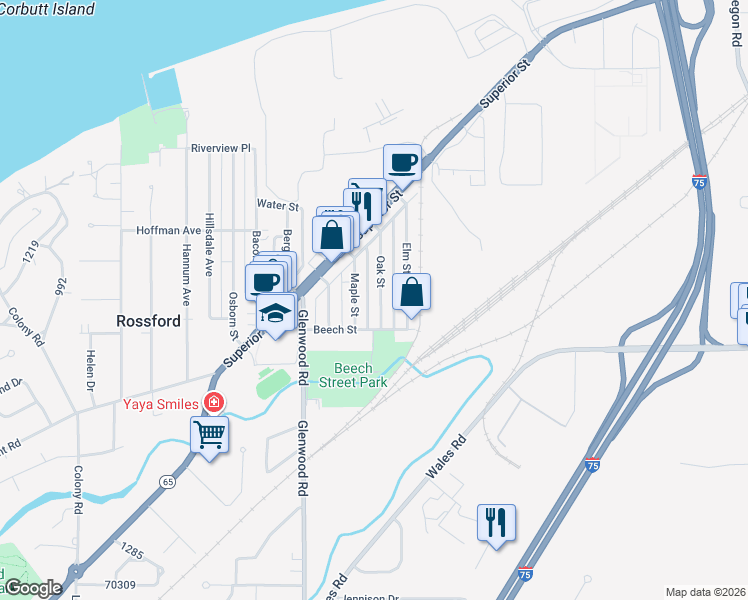 map of restaurants, bars, coffee shops, grocery stores, and more near 194 Oak Street in Rossford