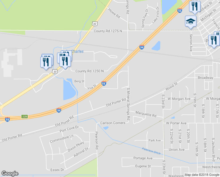 map of restaurants, bars, coffee shops, grocery stores, and more near 1130 Vine Street in Chesterton