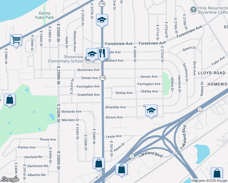 map of restaurants, bars, coffee shops, grocery stores, and more near 26300 Shirley Avenue in Euclid