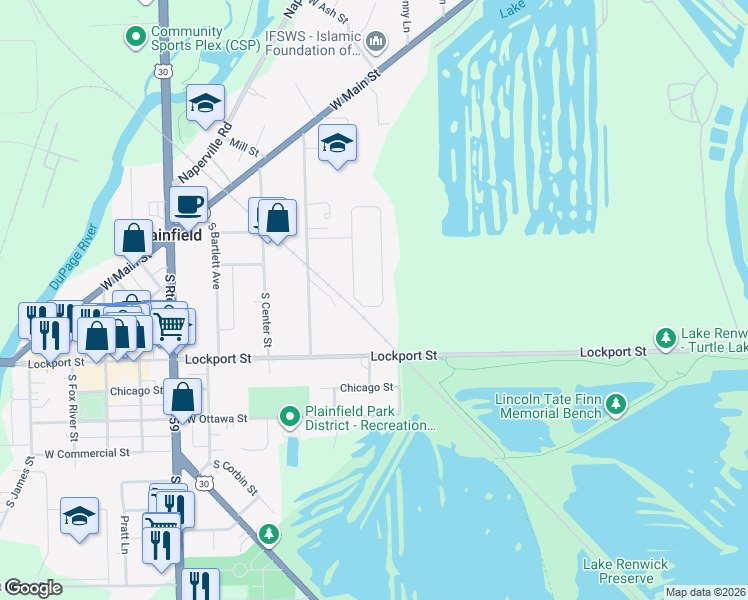 map of restaurants, bars, coffee shops, grocery stores, and more near 14913 Hawthorne Circle in Plainfield