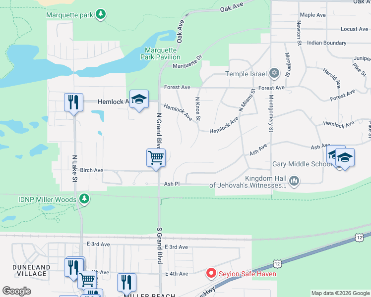 map of restaurants, bars, coffee shops, grocery stores, and more near 6600 Birch Place in Gary