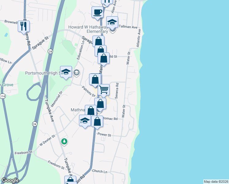 map of restaurants, bars, coffee shops, grocery stores, and more near 13 Seneca Road in Portsmouth