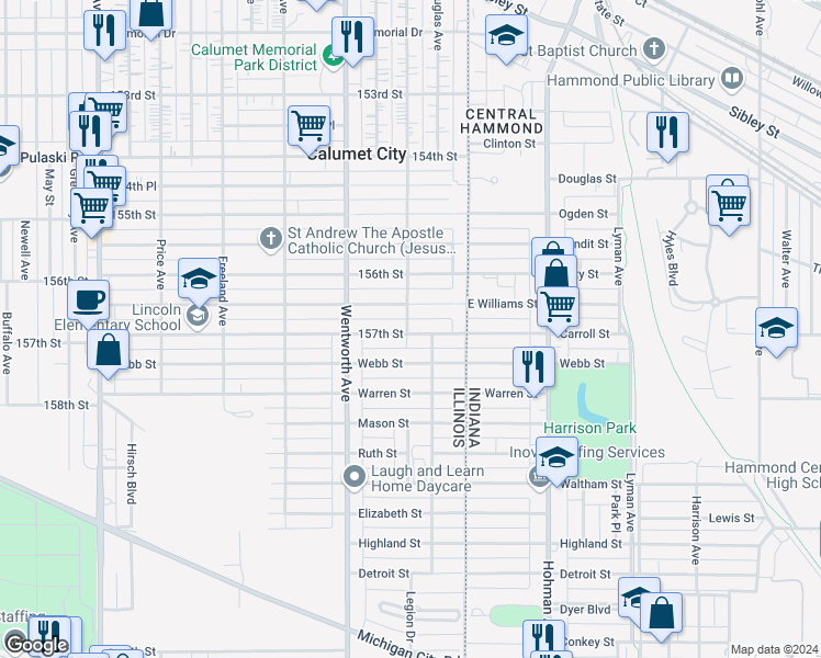 map of restaurants, bars, coffee shops, grocery stores, and more near 809 Forsythe Avenue in Calumet City
