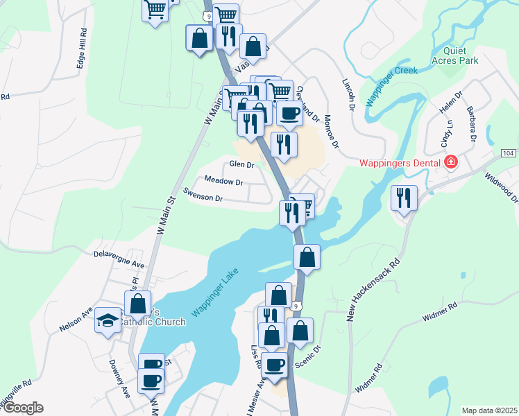map of restaurants, bars, coffee shops, grocery stores, and more near 40 Swenson Drive in Wappingers Falls